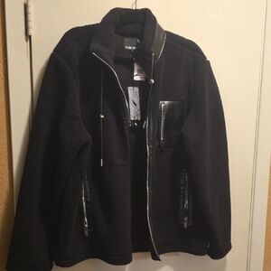 Stone Falcon Black Fleece Jacket with Leather Accents